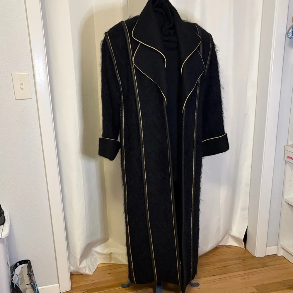 Custom black coat with gold trim full length Y2K medium shoulder pads - Picture 1 of 11